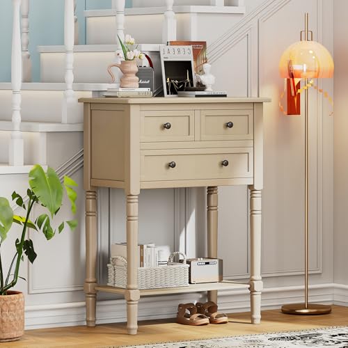 Knocbel Slim Antique Entry Console Table with 3 Drawers & Bottom Open Shelf, Solid Wood Narrow Sofa Couch Table for Entryway Hallway Living Room 23.7" W x 13" D x 31.4" H Beige Knocbel