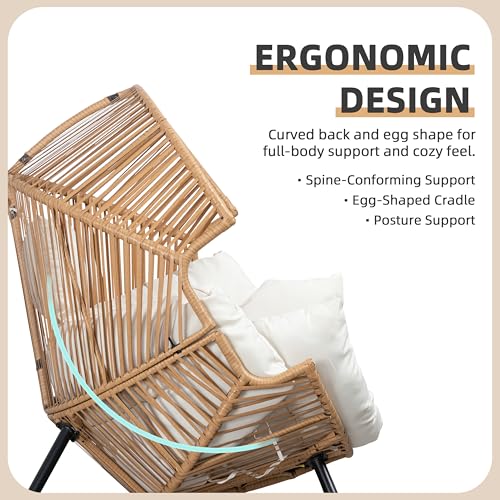 JAMFLY Egg Chair Wicker Outdoor Chairs, Oversized Patio Chair Oversized Lounger Chair with Cushion for Indoor Living Room, Bedroom, Outside Patio Backyard Balcony, Creamy White