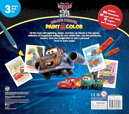 Disney/Pixar Cars on the Road Deluxe Poster Paint & Color - Coloring Book for kids, 80 illustrations, 10 watercolor paints, 12 crayons, 1 paint brush (Deluxe Poster and Paint) Phidal