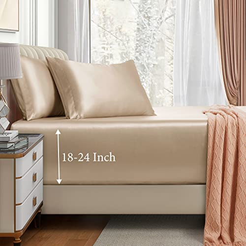 VACVELT 3pcs Extra Deep Pocket Satin Fitted Sheet Set King Bed Set, Beige Bottom Sheet Fit 18-24 Inch Deep Pocket Mattress, Silky Bedding Set Soft & Ultra Deep Fitted Sheet & 2 Pillowcase VACVELT