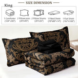 WONGS BEDDING Black Comforter Set King Size, Gold Damask Texture 7 Pieces Bed in a Bag Microfiber Comforter Bedding Sets -1 Comforter, 1 Flat Sheet, 1 Fitted Sheet, 2 Pillow Shams, 2 Pillowcases WONGS BEDDING