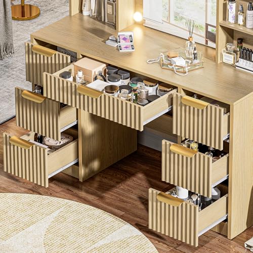 DDONGMM Fluted Vanity Desk with Mirror and 10 Adjustable LED Lights, Modern Makeup Desk with 7 Drawers & 6 Shelves, Dressing Table with Charging Station for Girls, Women, Bedroom, Natural Oak DDONGMM