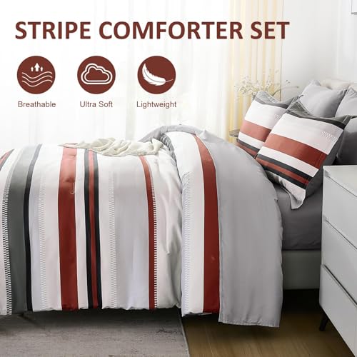WONGS BEDDING Comforter Full Size, Red Bedding Comforter Set for Full Bed, Striped Bed in a Bag Full Size Comforter Sets for All Season 90"×78" WONGS BEDDING