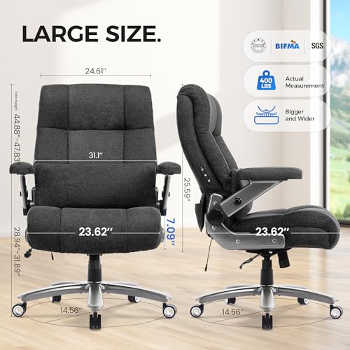 600LBS Big and Tall Massage Office Chair, Extra Wide Seat - 3D Kneading Massage & Heat Office Chair with Heavy Duty Metal Base, 3D Flip Arms, Fabric Ergonomic with Thick Spring Cushion CHAIRKER