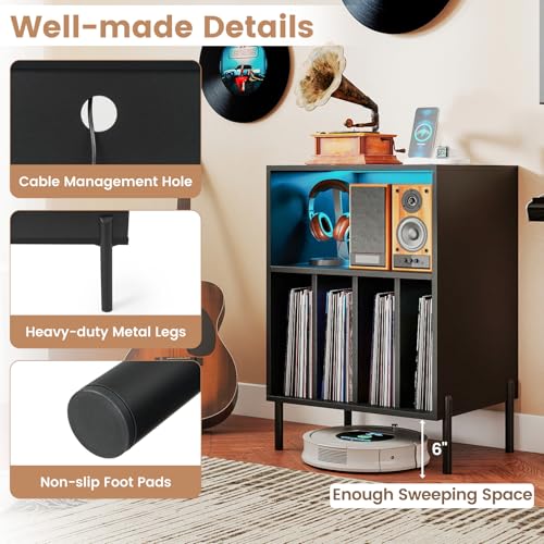Giantex Record Player Stand with LED Lights & Charging Station, Turntable Stand with Record Holder, Record Player Table with Metal Legs, Vinyl Record Storage for Living Room, Music Room, Black Giantex