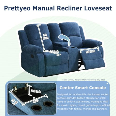 Prettyeo Reclining Sofa Set for Living Room, 2 Pieces Fabric Recliner Sofa Loveseat Set with Cup Holders & Storage Console, Manual Reclining Furniture for Home Theater, Office, Club | Blue, Microfiber Prettyeo