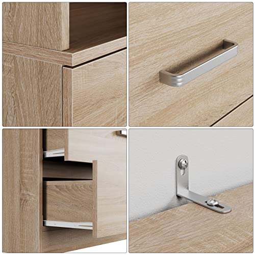 FOTOSOK 71-Inch Oak Storage Cabinet with 3 Drawers and Open Shelves for Home and Office FOTOSOK