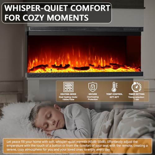 3-Sided View Electric Fireplace Insert - Freestanding Fireplace Minimalist Mantel - 12 Color Flame Effect - 1500/750 Watt Heater - Remote Control - Log & Crystals(40", White, Open Storage) Maxhonor