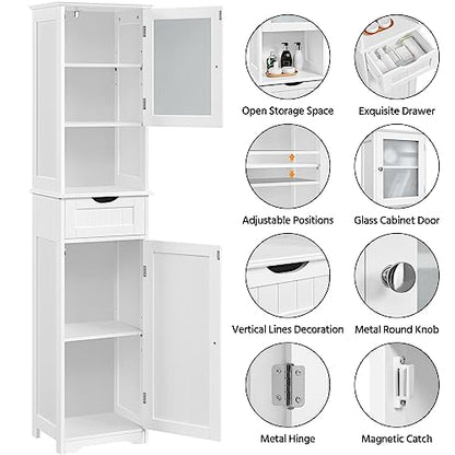 Yaheetech 67" Tall White Bathroom Storage Cabinet with Glass Door and Adjustable Shelves - WoodArtSupply