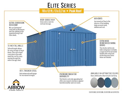 Arrow Shed Elite 10' x 12' Tall Outdoor Steel Storage Shed with High Gable and Lockable Doors Storage Building, Cool Grey Arrow
