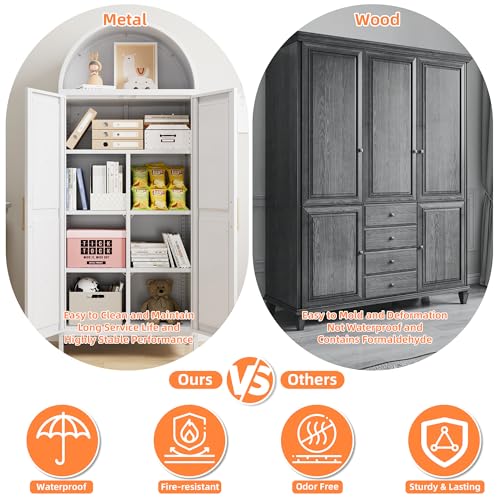 JAORD Metal Arched Kitchen Pantry Cabinet with 4 Adjustable Shelves, Farmhouse Arched Cabinet with 2 Doors for Kitchen,Bedroom,Living Room,White, Assemble Required,13.8" D x 27.6" W x 66.9" H JAORD