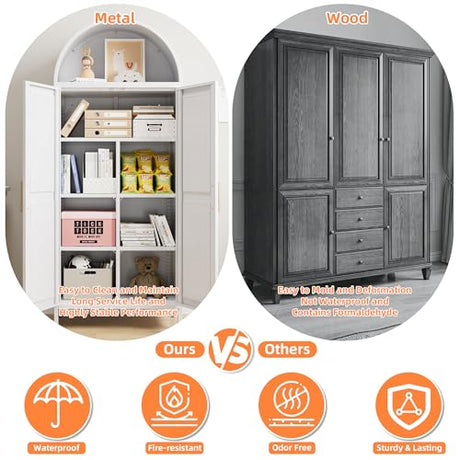 JAORD Metal Arched Kitchen Pantry Cabinet with 4 Adjustable Shelves, Farmhouse Arched Cabinet with 2 Doors for Kitchen,Bedroom,Living Room,White, Assemble Required,13.8" D x 27.6" W x 66.9" H JAORD