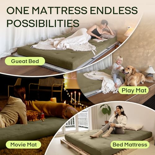 ZonLi Japanese Floor Futon Mattress Full Size 54"x75"100% Cotton Cover 6''Thicken Tatami Mattress,Foldable Sleeping Pad,Portable Dormitory Tatami Mat,Roll Up Floor Lounger Bed for Adult (Winter Moss) ZonLi