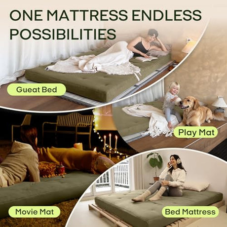 ZonLi Japanese Floor Futon Mattress Full Size 54"x75"100% Cotton Cover 6''Thicken Tatami Mattress,Foldable Sleeping Pad,Portable Dormitory Tatami Mat,Roll Up Floor Lounger Bed for Adult (Winter Moss) ZonLi