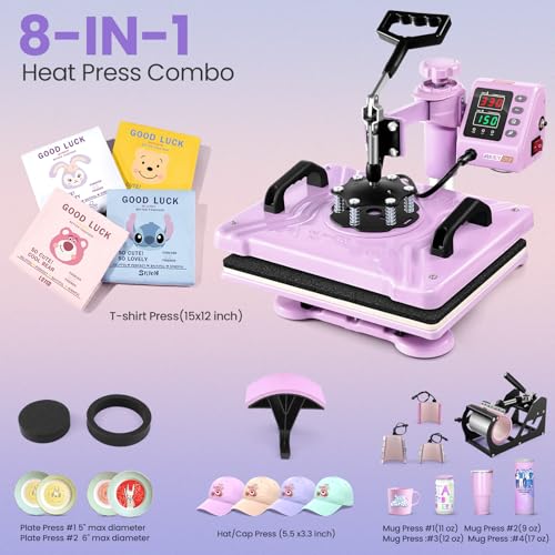 AKEYDIY Heat Press Machine 8 in 1 Combo 12x15 Inch Shirt Press Machine Heat Press Sublimation Machine for T-Shirts, Hats Caps Tumblers Glass Cans Mugs, and Plates (Pink Purple 8 in 1) AKEYDIY