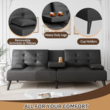 JAMFLY Futon Sofa Bed, 64" Small Futon Couch with Adjustable Backrest, 3-Angle Recliner, Detachable Armrests with Cup Holders for Small Spaces, Living Room, Apartment, Study Room (Black Leather) JAMFLY