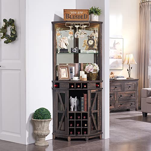 OKD Corner Bar Storage Cabinet, 72" Tall Farmhouse Wine Bar Cabinet w/Barn Door & Adjustable Shelf, Home Bar Cabinet w/LED Light & Glass Rack for Dining Room, Living Room, Kitchen, Dark Rustic Oak OKD