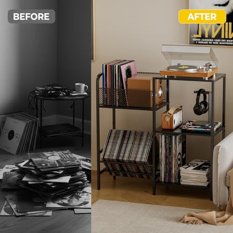 Record Player Stand with LED Light, Turntable Stand with Vinyl Storage - Up to 300+ Albums, 3-Tier Record Player Table Cabinet, Adjustable Shelf & V-Shaped Holder, Vinyl Display Shelf for Living Room Nidouillet