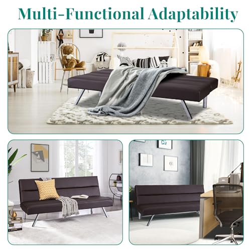 Naomi Home Futon Sofa Bed Faux Leather Futon Couch Modern Convertible Folding Sofa Bed Couch with Chrome Legs Reclining Mini Leather Small for Bedroom Living Room Espresso Naomi Home