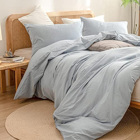 BESTOUCH Duvet Cover Set 100% Washed Cotton Linen Feel Super Soft Comfortable Chic Lightweight 3 PCs Home Bedding Set Cornflower Blue Queen BESTOUCH
