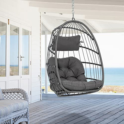 Hanging Egg Chair - Patio Rattan Wicker Swing Egg Chair Hammock Chair for Indoor Outdoor Bedroom Garden - Aluminum Steel Frame UV Resistant Cushion (Aluminum-Without Stand, Dark Grey)