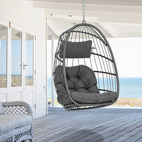 Hanging Egg Chair - Patio Rattan Wicker Swing Egg Chair Hammock Chair for Indoor Outdoor Bedroom Garden - Aluminum Steel Frame UV Resistant Cushion (Aluminum-Without Stand, Dark Grey) XIAO WEI