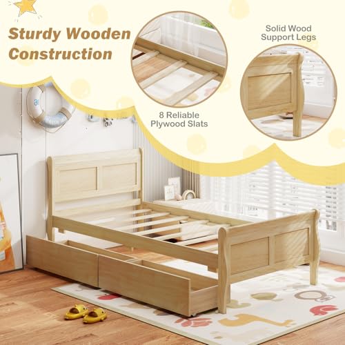 Giantex Twin Bed with 2 Storage Drawers, Wood Platform Bed with Headboard & Footboard, Wooden Slats Support Mattress Foundation, Twin Bed Frames for Kids Teens Adults, No Box Spring Needed (Natural) Giantex