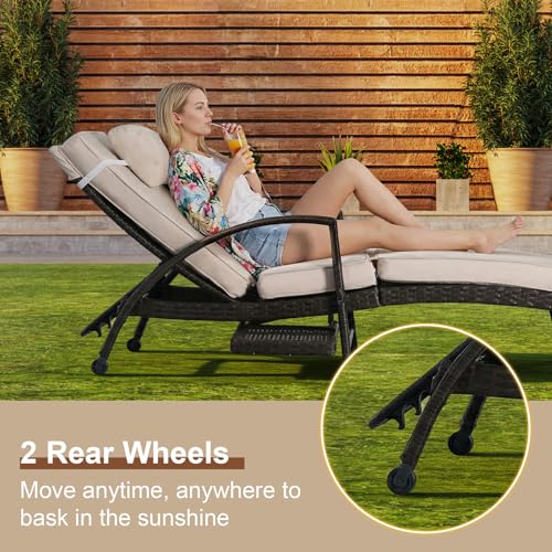 Chaise Lounge Chairs Set of 2, 6-Position Adjustable Outdoor Recliner with Side Table & Wheel,All-Weather PE Rattan Wicker Patio Lounge Chair With Removable Cushion for Poolside Backyard Beach (Beige)