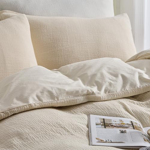 Simple&Opulence Linen Muslin Duvet Cover Set Queen Size, 3Pcs Khaki Linen Cotton 3-Layer Gauze Minimalist Comforter Cover 88”x92”, Ultra Soft Breathable Seersucker Bedding Set with 2 Pillowcases Simple&Opulence