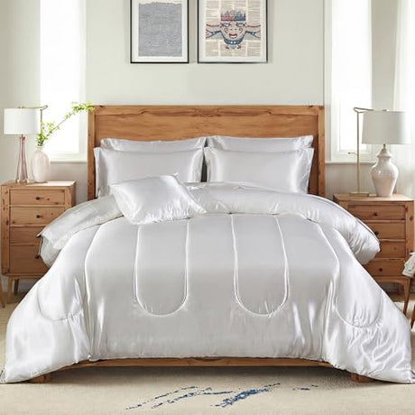 Bedding_Dreamer Silk Like White Comforter Set with Sheet Set King Size 8 Pieces Satin Bedding Set Silky Bed-in-a-Bag Luxury Hotel Soft Silky Comforter Set with 1 Cushion Cover Vegan Silky Bed Set Bedding_Dreamer