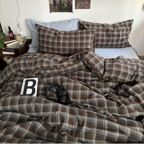 Bildenly Plaid Duvet Cover Set Twin Size Blue Brown Buffalo Plaid Comforter Cover Vintage Grid Checkered Pattern Soft Breathable Microfiber Bedding Set with Zipper Closure and 1 Pillowcase Bildenly