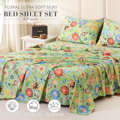 Bedlifes Full Sheet Set Ultra Soft, Breathable, Silky Flower Deep Pocket 100% Microfiber Bedding, 4 Piece Full Size with Floral Sage Green Bedlifes