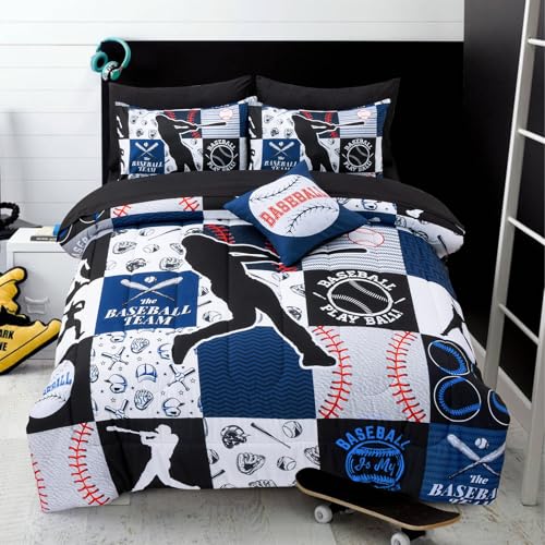 A Nice Night Sports Geometric Grid Black Patchwork Baseball Printed for Boys Twin 6Pcs Bed in A Bag Comforter Bedding Set,Blue A Nice Night