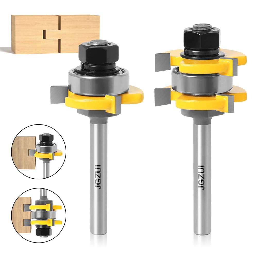 1/4 Inch Shank Tongue and Groove Set of 2 Pieces Router Bit 3 Teeth Adjustable T Shape Wood Milling Cutter，Tongue and Groove groove joints Router Bit (1/4inch Shank, 1-3/8" Diameter) JGZUI
