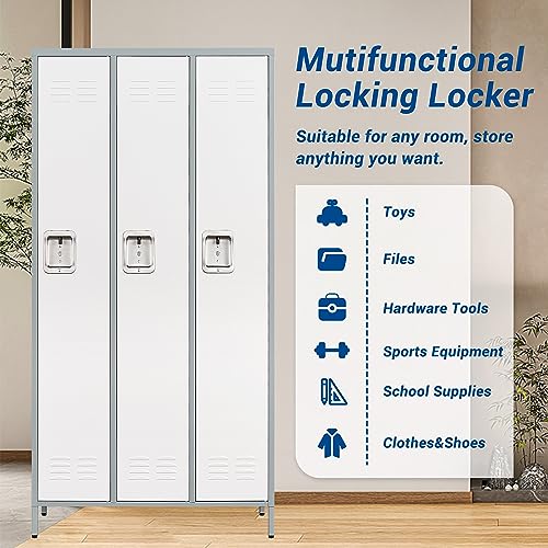 Fesbos 72" Metal Locker for Employees 3 Doors Gray&White Steel Storage Locker for Office, School, Gym - Metal Storage Cabinets for Home, Office, Gym, School - WoodArtSupply