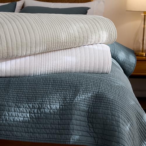 palassio Striped Beige 100% Cotton Quilt Queen Size Bedding Sets, Lightweight Crinkly Channel Pick Stitch Textured Bedspread Soft Shabby Chic Farmhouse Country Coverlet for All Season, 2 Shams palassio