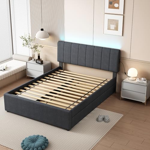 YOPTO Full Size Upholstered Platform Bed with Twin Size Trundle & USB Port,Linen Tufted Bed Frame W/Remote Control LED Light & Stripe Headboard,Wood Slats Support for Bedroom,Apartment,Dark Gray YOPTO