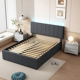 YOPTO Full Size Upholstered Platform Bed with Twin Size Trundle & USB Port,Linen Tufted Bed Frame W/Remote Control LED Light & Stripe Headboard,Wood Slats Support for Bedroom,Apartment,Dark Gray YOPTO