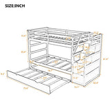 Merax Twin Over Twin Bunk Bed with Trundle, Solid Wood Stairway Bunk Bed Frame with 3 Storage Cabinet Staircase, No Spring Box Required, White Merax