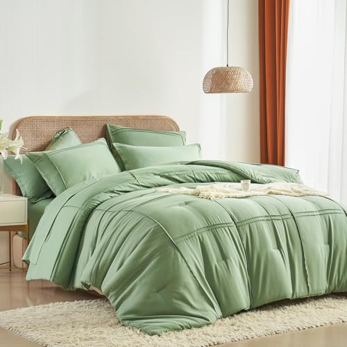 Yogeneg Twin Comforter Set 5 Piece Bed in a Bag,Grid Pinch Pleat Sage Green Twin Bedding Set,Striped Textured Soft Microfiber Comforter with Sheet Set,All Season Complete Bed Set(Sage Green,Twin) Yogeneg