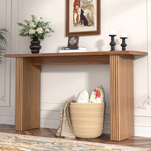 Fluted Narrow Console Table, Mid Century Modern Long Entryway Table, Farmhouse Entry Way Couch Table Behind Sofa, Easy Assembly, 60 Inch, for Living Room, Hallway, Entrance, Wooden, Walnut Xyulmeo