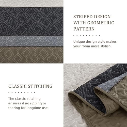 Cottolester Quilt Set Queen Size 3 Pieces,Striped Plaid Bedspread Coverlet Set,Taupe Boho Bedding Set Soft Microfiber Bedding Set with 2 Pillow Shams 96"x90" Cottolester