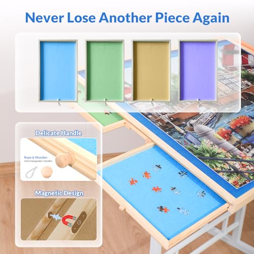 BittPicc Puzzle Table for Adults with Drawers 1500 Piece Jigsaw Puzzle Table with Legs Adjustable Tilting Puzzle Board Table with Cover 35"x 26" Wooden Puzzle Easel Birthday Gift for Mom - WoodArtSupply