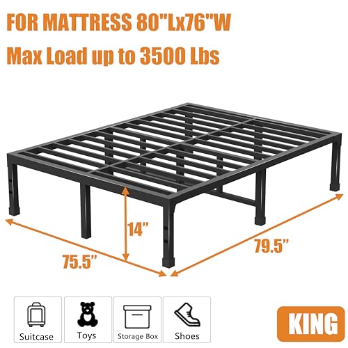 FUIOBYVV Heavy Duty King Bed Frame – 14 Inch Metal Platform with Noise-Free Support and No Box Spring Needed - WoodArtSupply