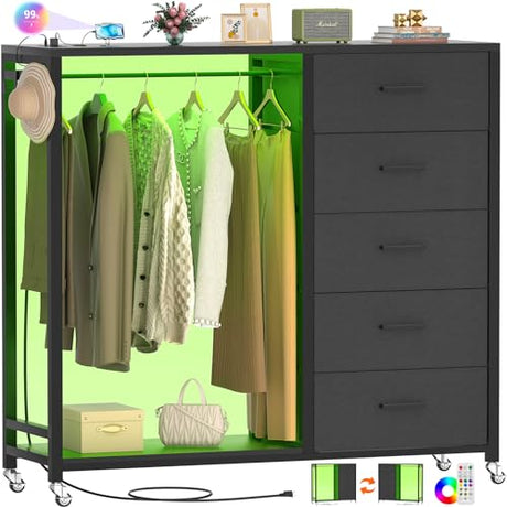 Cyclysio Dresser for Bedroom with Clothes Rack, 5 Drawers Dresser with Charging Station & LED Lights, Black Storage Chest of Drawers with Wheels, Wooden Top, Lockable Wheels, Bedroom, Closet, Black Cyclysio