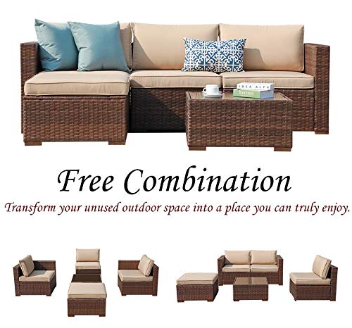 Patiorama 5 Piece Outdoor Patio Furniture Set, Outdoor Sectional Conversation Set, All-Weather Brown PE Wicker w/Beige Cushions, Outdoor Backyard Porch Garden Poolside Balcony Furniture Set Patiorama