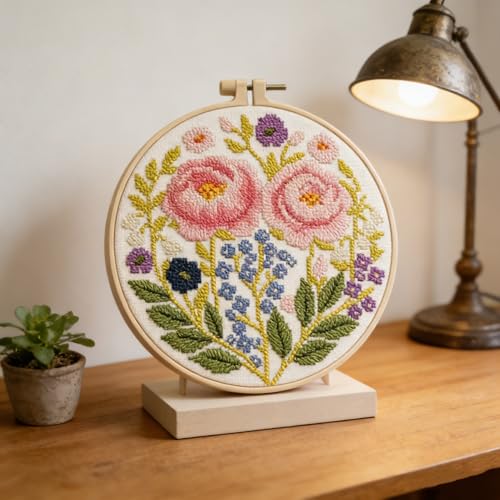 LSLFQYQSK Beginners Embroidery Kits - Flower DIY Cross Stitch Kits,Including,Stamped Flower Patterns,Hoop,Color Threads,Tools (Style A)