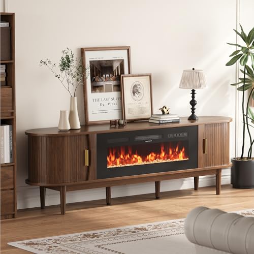 Decofy 70″ Fluted Fireplace TV Stand for 80″ TVs, Remote & Touch Control Adjustable Flame Colors & Temperature, Entertainment Center with Storage, Modern Media TV Console Table for Living Room(Walnut) Decofy