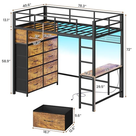 BTHFST Twin Loft Bed with Desk & 8 Storage Drawers Tall Dresser, Metal Loft Bed with LED Lights & Charging Station, 2-Tier Storage Shelves, Stable & Sturdy, Noise Free, Rustic Brown and Black BTHFST