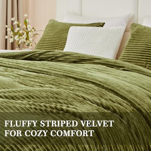 Bildenly Velvet Comforter Set Twin Size, Ultra-Soft Winter Quilt Sets, Luxury Fluffy Bedspread Coverlet Quilted Bedding Set with 1 Pillow Shams for All Season, 66"x90" Oliver Green Bildenly